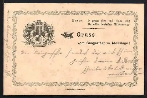 AK Menslage, Sängerfest 1901, Motto: O grüne fort und blühe lang Du edler deutscher Männersang