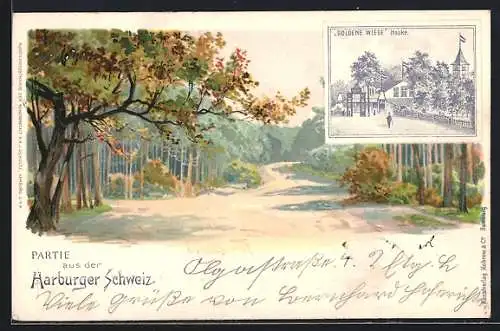 Lithographie Hamburg-Heimfeld, Gasthaus Goldene Wiege an der Haake, Bes. E. Staunau, Wegpartie in der Harburger Schweiz