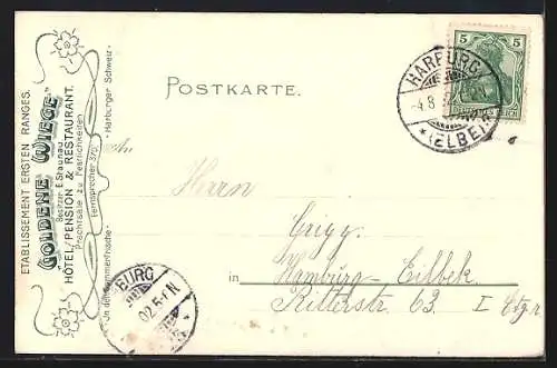 Lithographie Hamburg-Heimfeld, Gasthaus Goldene Wiege an der Haake, Bes. E. Staunau, Wegpartie in der Harburger Schweiz