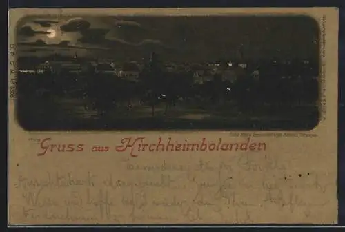 Mondschein-Lithographie Kirchheimbolanden, Ortsansicht aus der Vogelschau