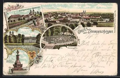 Lithographie Donaueschingen, Schützenbrücke & Stadtkirche, Donauquelle, Kaiser-Brunnen, F.F. Schloss