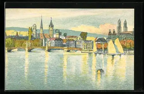 Lithographie Zürich, Ortsansicht mit Zürichsee