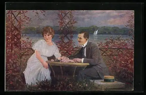 Künstler-AK sign. H. Hermanns: Auf ewig, Liebespaar in einem Pavillon