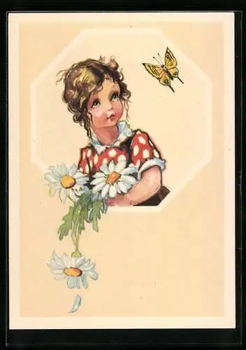 Künstler-AK sign. A. L. Salac: Mädchen mit Margueriten und Schmetterling