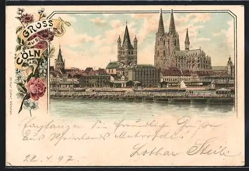 Lithographie Cöln a. Rh., Flusspartie mit Blick auf den Dom