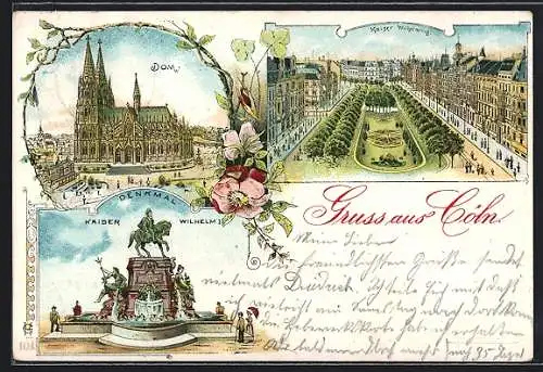 Lithographie Köln-Neustadt, Dom, Denkmal Kaiser Wilhelm I., Kaiser-Wilhelm-Ring