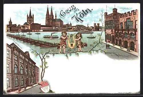 Lithographie Köln, Conservatorium, Gürzenich und Stadtpanorama
