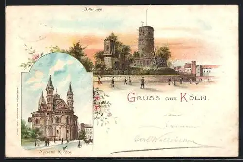 Lithographie Köln, Bottmühle, Apostel Kirche