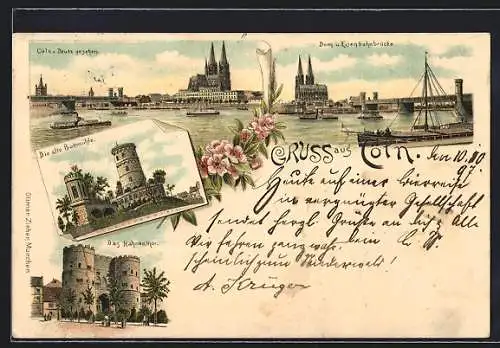 Lithographie Cöln, Die alte Bottmühle, Das Hahnentor, Dom und Eisenbahnbrücke