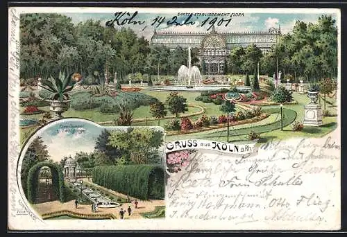 Lithographie Köln-Riehl, Garten-Etablissement Flora, Flora-Tempel und Laubgänge