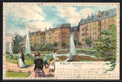 Lithographie Köln-Neustadt, Deutscher Ring mit Anlagen und Restaurant zum Deutschen Ring
