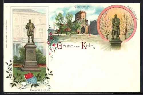 Lithographie Köln, Bismarck-Denkmal, Severintor, Moltke-Denkmal, Wappen