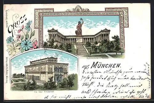 Lithographie München, Die neue Pinakothek, Ruhmeshalle und Bavaria