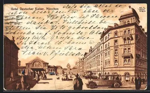 Lithographie München, Hotel Deutscher Kaiser mit Strassenpartie