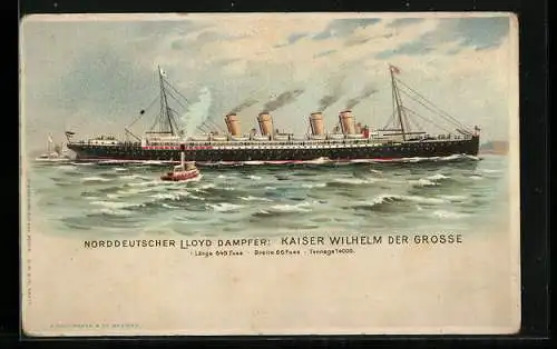 Lithographie Lloyd Dampfer Kaiser Wilhelm der Grosse