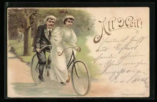 Lithographie Radfahrer auf einem Tandem-Fahrrad