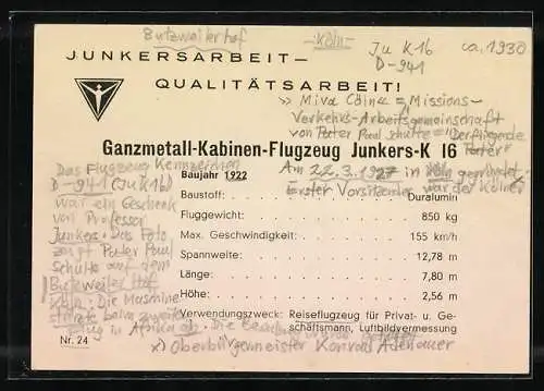 AK Flugzeug Junkers-K 16 mit Pilot