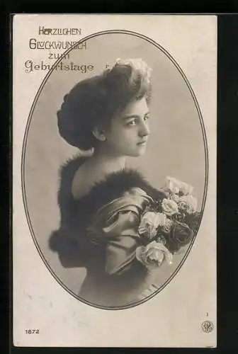 Foto-AK NPG Nr. 1872: Hübsche Dame mit Rosen