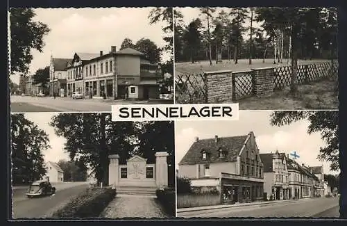 AK Sennelager, Strassenpartie mit Geschäft, Denkmal, Ortspartie