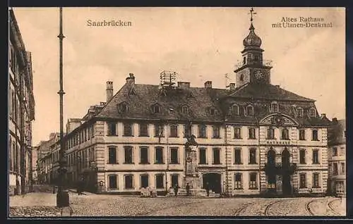 AK Saarbrücken, Altes Rathaus mit Ulanen-Denkmal