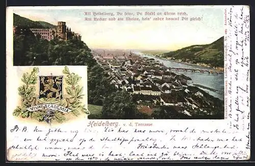 AK Heidelberg / Neckar, Blick auf Stadt von der Terrasse, Wappen