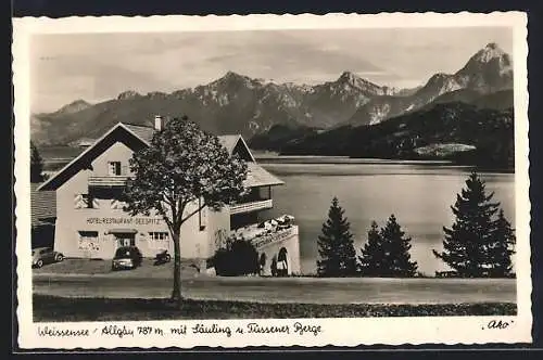 AK Weissensee / Allgäu, Hotel-Restaurant Seespitz mit Säuling und Füssener Berge, Bes. Hans Höss