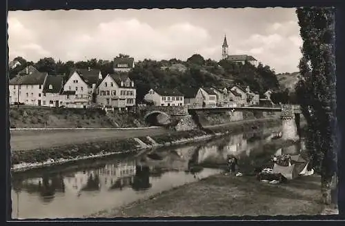 AK Diez an der Lahn, Uferpartie mit Kirche