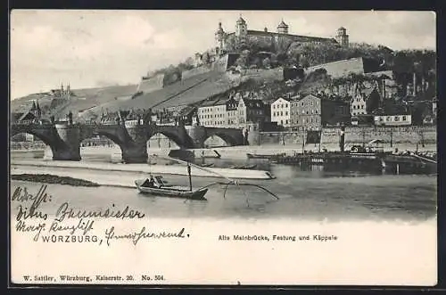 AK Würzburg, Alte Mainbrücke, Festung und Käppel