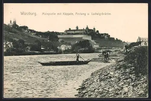 AK Würzburg, Mainpartie mit Käppele, Festung und Ludwigsbrücke