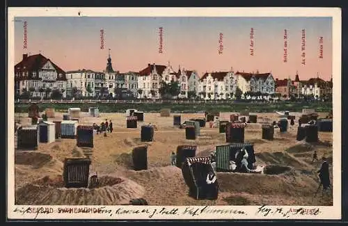 AK Swinemünde, Strandkörbe, Seeschloss, Dünenschloss, Schloss am Meer, Hohenstaufen