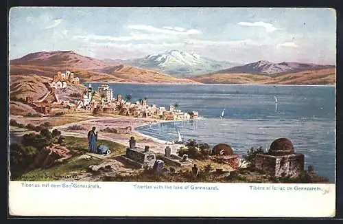 Künstler-AK Tiberias, Stadttotale mit dem See Genezareth