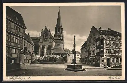 AK Aschaffenburg, Blick auf Stiftskirche am Stiftsplatz