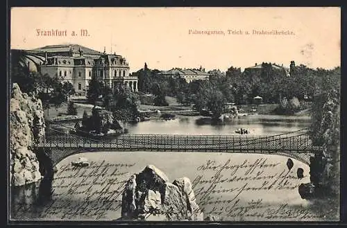 AK Frankfurt-Westend, Palmengarten, Teich und Drahtseilbrücke