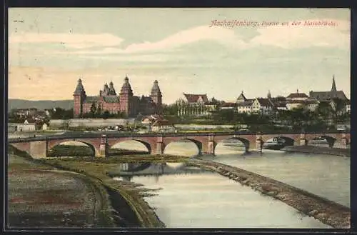 AK Aschaffenburg, Partie an der Mainbrücke mit Schloss und Häuser