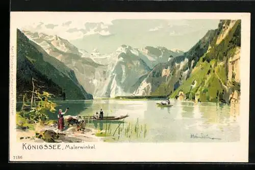 Künstler-AK Karl Heinisch: Königssee / Berchtesgaden, Malerwinkel mit Booten