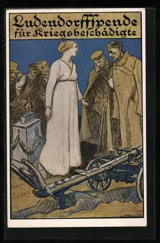 AK Spende für Kriegsbeschädigte, eine Frau redet mit einem Kriegsbeschädigtem