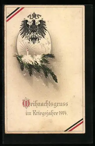 AK Deutscher Weihnachtsgruss 1914, Reichsadler mit Tannenzweig, Reichsfahne