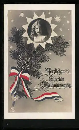 AK Mädchenportrait, Tannenzweig mit Fahnenband, Weihnachtsgruss