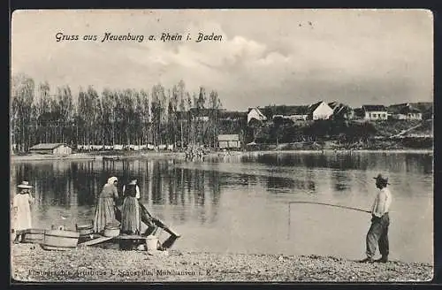 AK Neuenburg a. Rhein, Wäscherinnen und Angler am Wasser