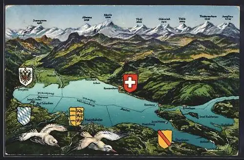 AK Meersburg, Landkarte des Bodensees mit Umgebung