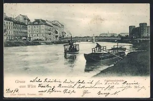 AK Wien, Uferpartie mit Blick zur Ferdinandsbrücke