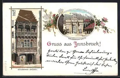 Lithographie Innsbruck, Goldenes Dachl, Triumphpforte