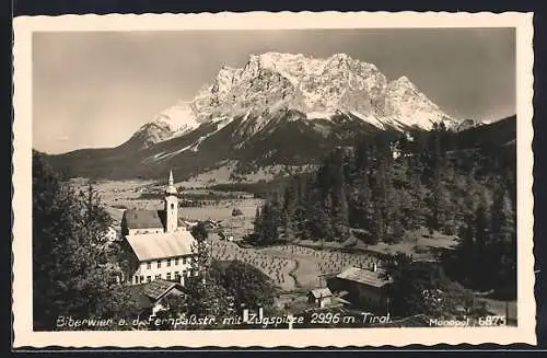 AK Biberwier a. d. Fernpassstrasse, Gesamtansicht mit Kirche und Zugspitze