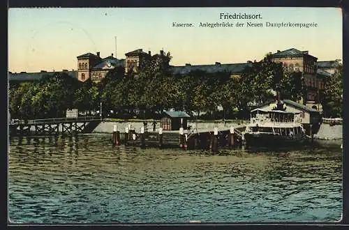 Goldfenster-AK Friedrichsort, Kaserne, Anlegebrücke der Neuen Dampferkompagnie