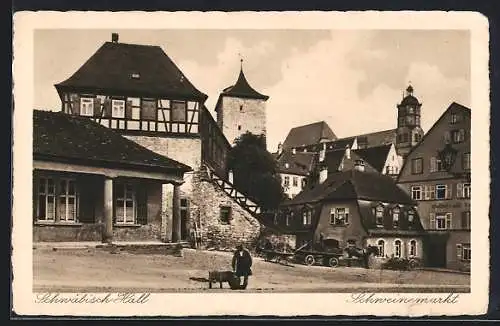 AK Hall, der Schweinemarkt, Blick zur Kirche