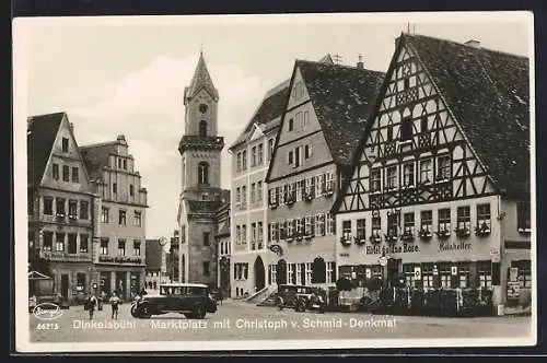 AK Dinkelsbühl, Marktplatz mit Hotel gold`ne Rose und Christoph v. Schmid-Denkmal