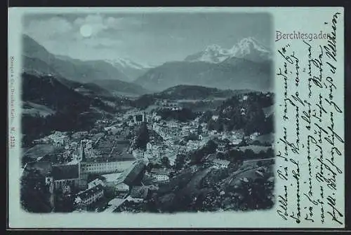 Mondschein-AK Berchtesgaden, Gesamtansicht mit Bergpanorama