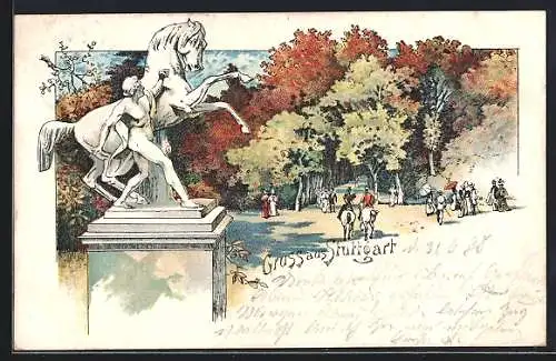 Lithographie Stuttgart, Partie im Stadtpark mit Denkmal