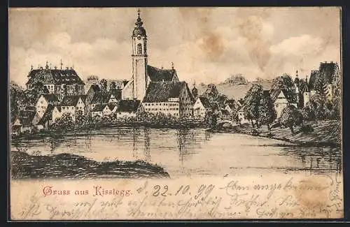 Künstler-AK Kisslegg, Ortsansicht mit Kirche am Wasser