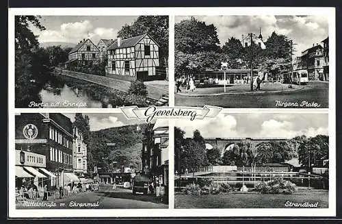 AK Gevelsberg, Nirgena Platz, Mittelstrasse mit Ehrenmal, Strandbad, Ennepe-Partie